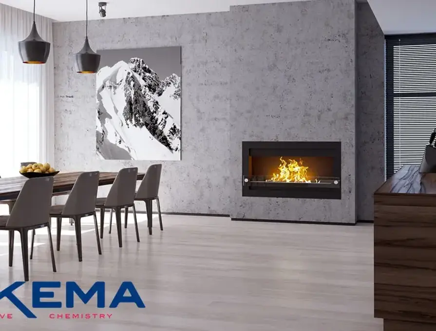 Interior dining room with fireplace and table