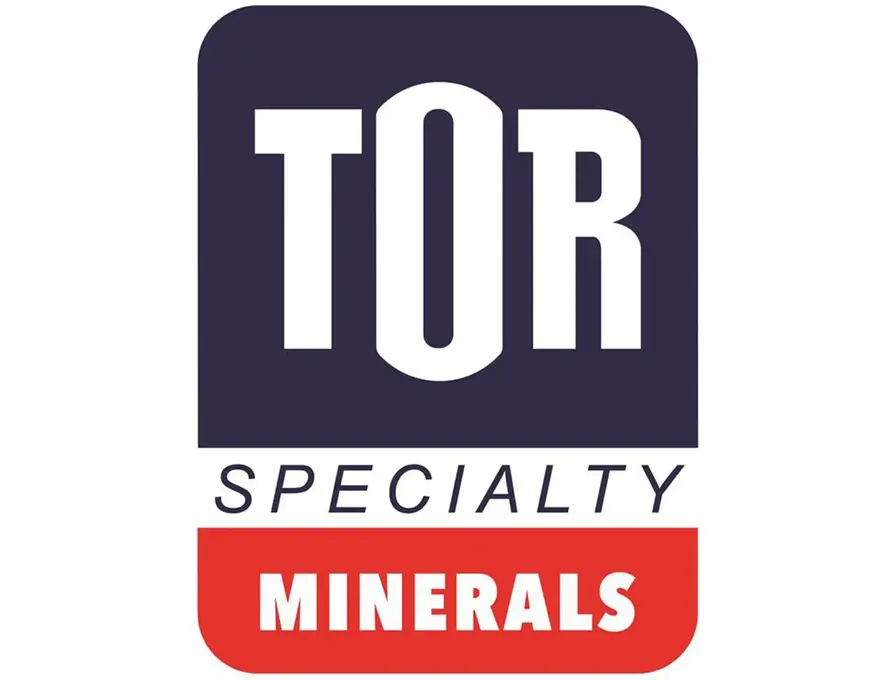 Tor Minerals logo with pictures of fire fighters, PVC pipes, a multi-colored building, and passenger train
